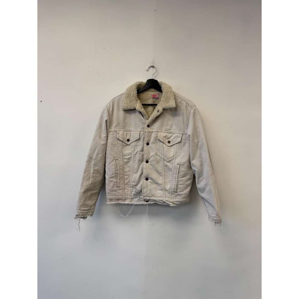 Vintage Levis Sherpa MediumTrucker Jacket Beige Corduroy Fleece Lined Distressed